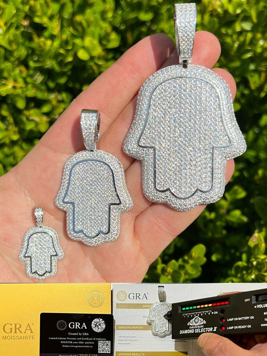 HarlemBling Real 925 Sterling Silver MOISSANITE Hamsa Hand Iced Pendant Pass Diamond Tester