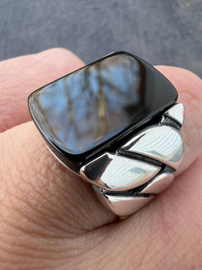 HarlemBling Real 925 Sterling Silver Natural Black Onyx Gemstone W. Miami Cuban Design Ring