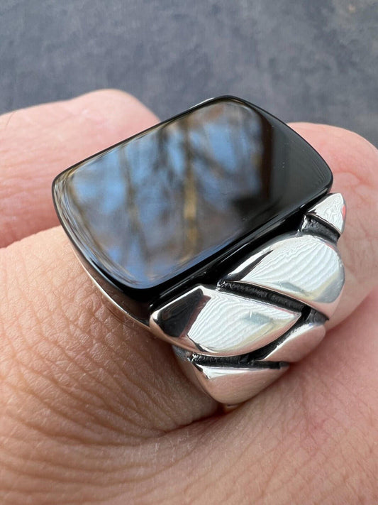 HarlemBling Real 925 Sterling Silver Natural Black Onyx Gemstone W. Miami Cuban Design Ring
