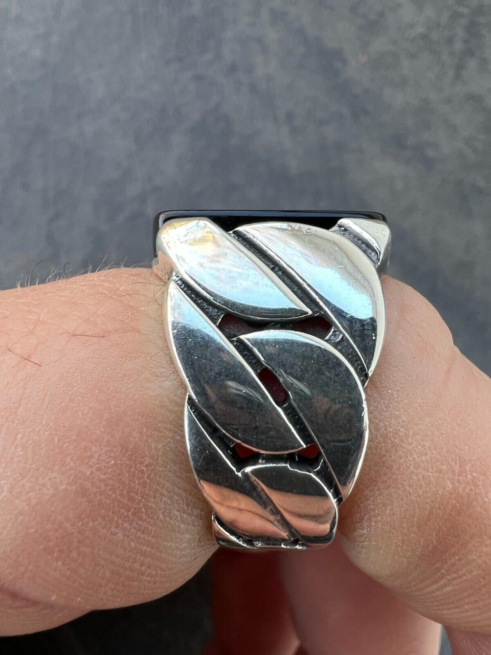 HarlemBling Real 925 Sterling Silver Natural Black Onyx Gemstone W. Miami Cuban Design Ring