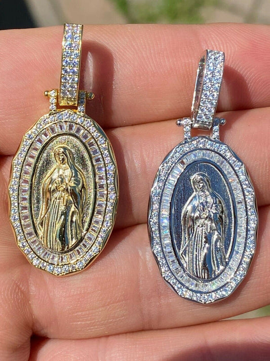 HarlemBling Real 925 Sterling Silver - Virgin Mary Necklace Pendant Iced Baguette Medallion