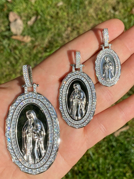 HarlemBling Real 925 Sterling Silver Virgin Mary Necklace Pendant Iced Diamond Medallion Men