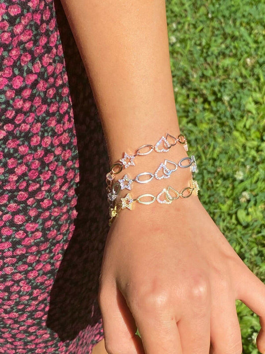 HarlemBling Real 925 Sterling Silver Yellow Rose Gold Oval Heart and Stars CZ Ladies Bracelet