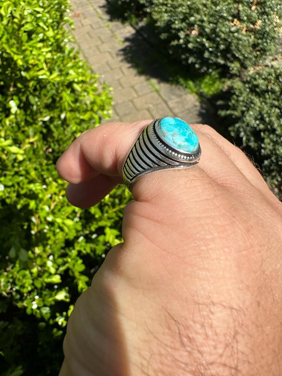 HarlemBling Real Blue Turquoise Gemstone Mens Real Solid 925 Sterling Silver Signet Ring