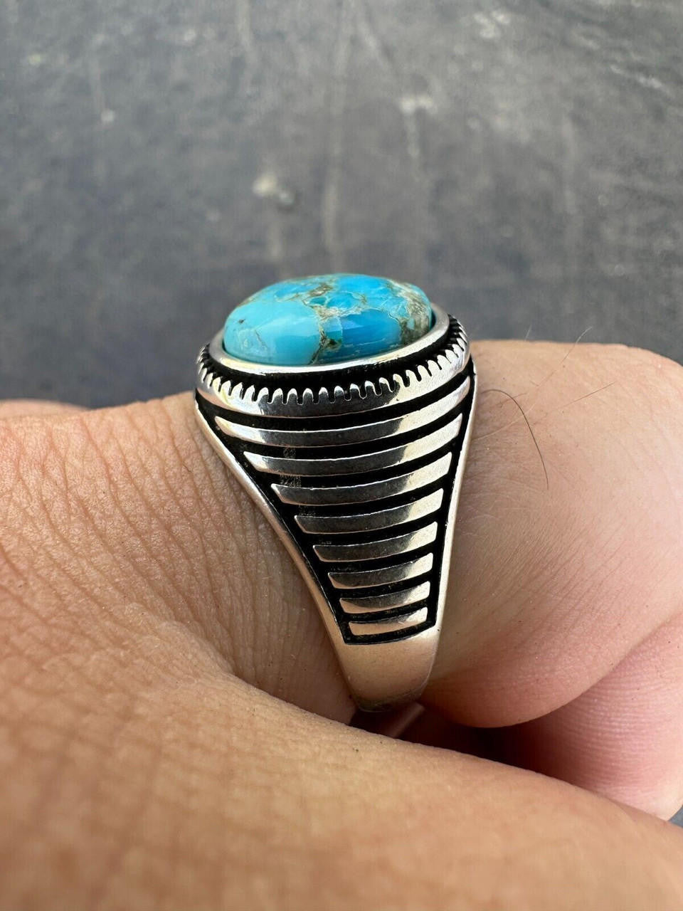 HarlemBling Real Blue Turquoise Gemstone Mens Real Solid 925 Sterling Silver Signet Ring