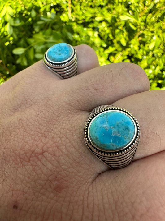 HarlemBling Real Blue Turquoise Gemstone Mens Real Solid 925 Sterling Silver Signet Ring