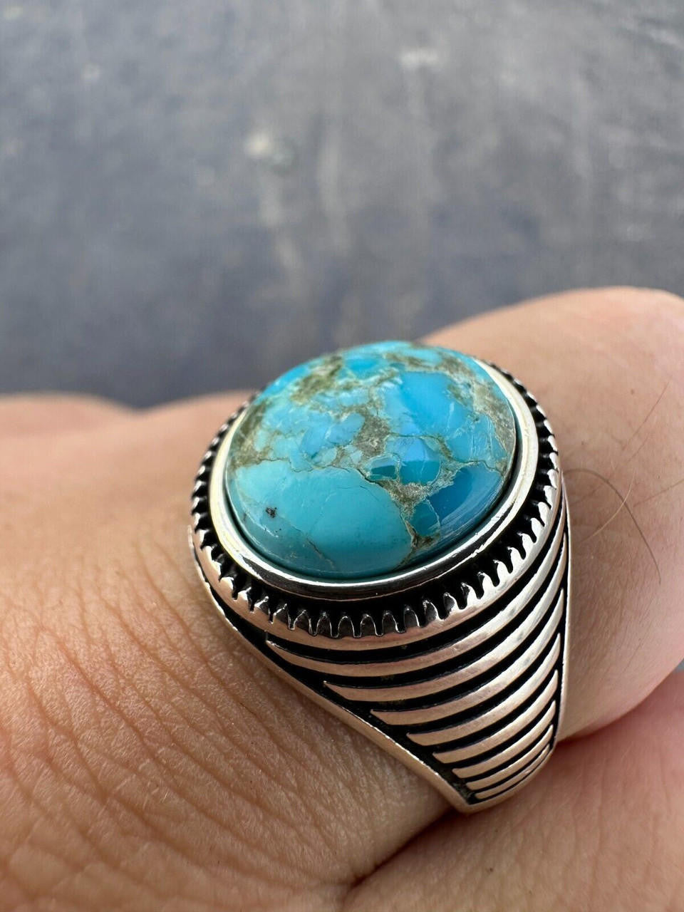 HarlemBling Real Blue Turquoise Gemstone Mens Real Solid 925 Sterling Silver Signet Ring