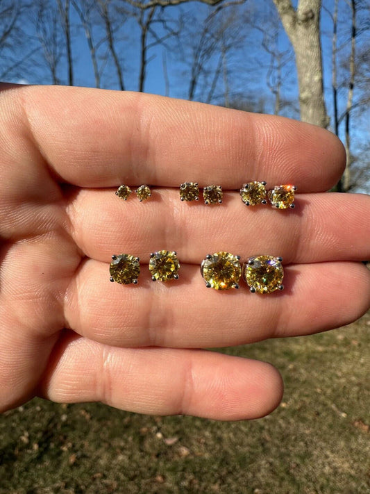 HarlemBling Real Canary Yellow Moissanite Screwback Stud Earrings 925 Silver 3-8mm Pass Test
