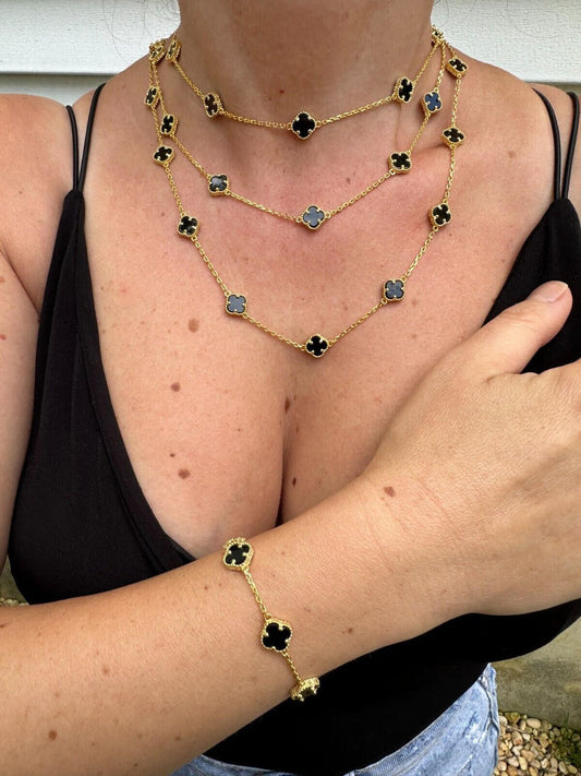 HarlemBling Real Clover Black Onyx 14-24" Necklace Or Bracelet 14k Gold Vermeil 925 Silver