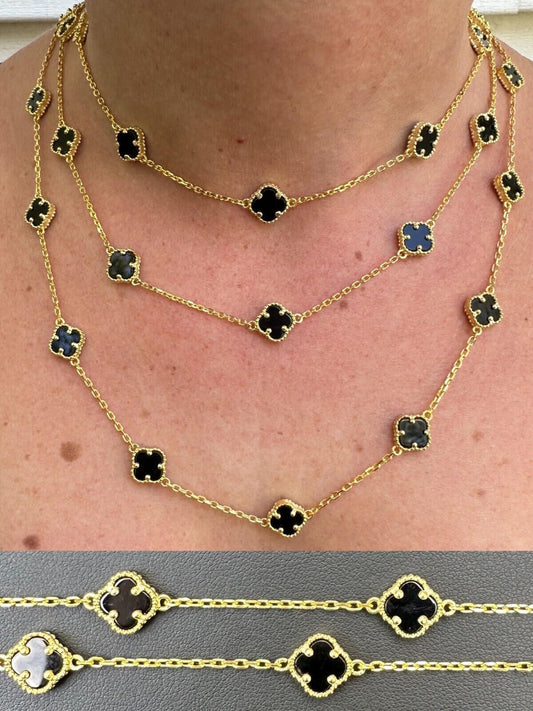 HarlemBling Real Clover Black Onyx 14-24" Necklace Or Bracelet 14k Gold Vermeil 925 Silver
