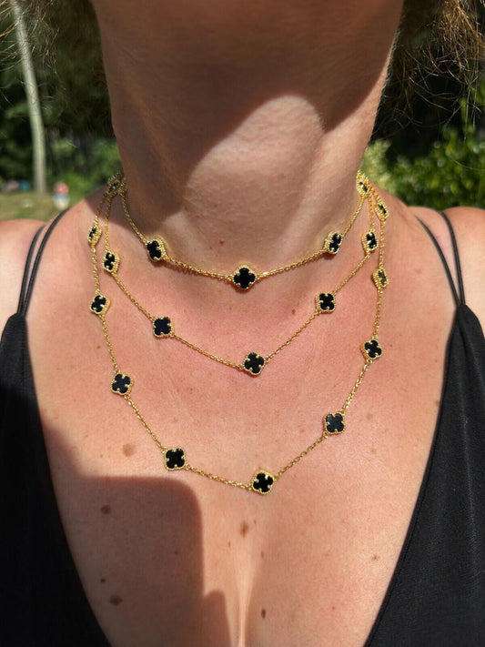 HarlemBling Real Clover Black Onyx 14-24" Necklace Or Bracelet 14k Gold Vermeil 925 Silver