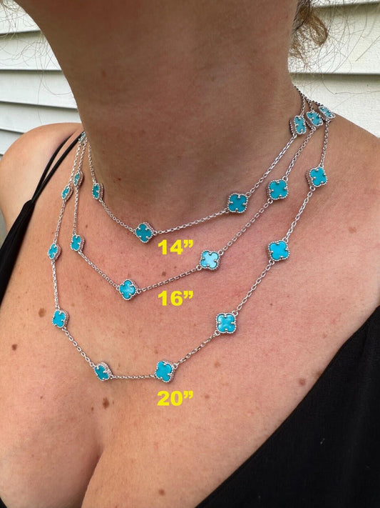 HarlemBling Real Clover Blue Turquoise Stone Flower 14-24" Necklace Or Bracelet 925 Silver