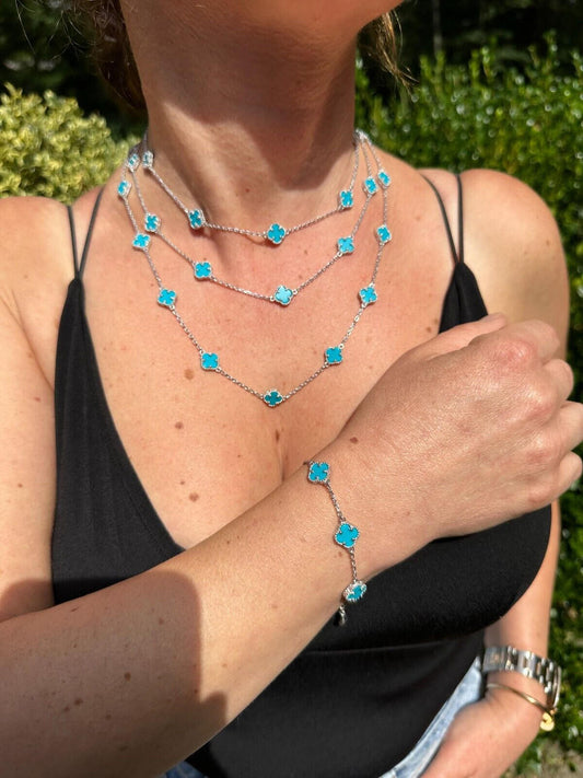 HarlemBling Real Clover Blue Turquoise Stone Flower 14-24" Necklace Or Bracelet 925 Silver