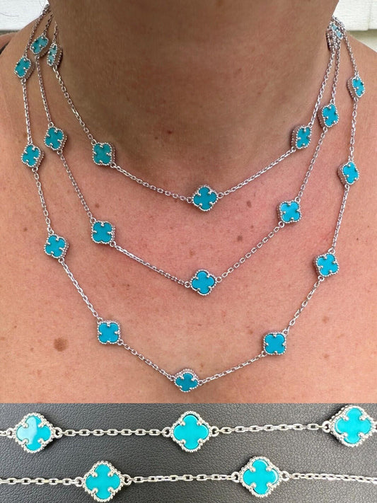 HarlemBling Real Clover Blue Turquoise Stone Flower 14-24" Necklace Or Bracelet 925 Silver