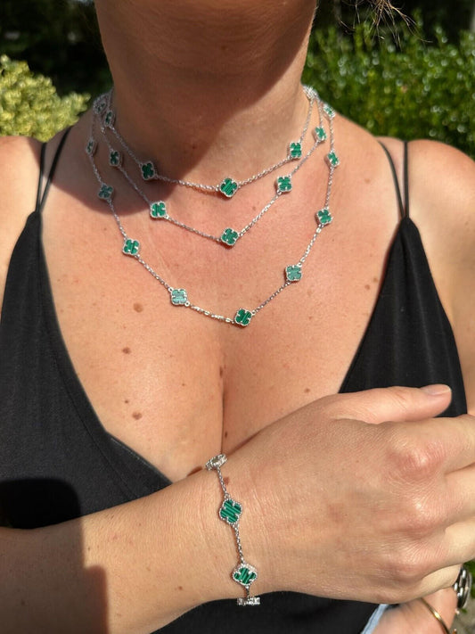 HarlemBling Real Clover Green Malachite Stone Flower 14-24" Necklace Or Bracelet 925 Silver