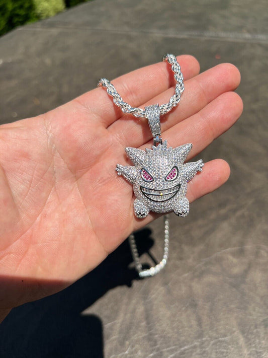 HarlemBling Real Iced CZ Hip Hop 925 Sterling Silver Gengar Pokemon Pendant Necklace Mens