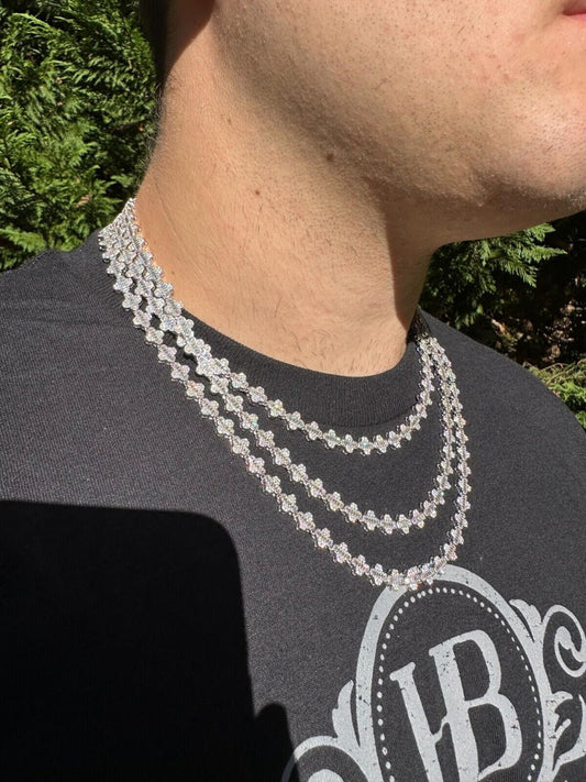 HarlemBling Real Iced MOISSANITE Baguette Clover Tennis Chain Necklace - VVS D Color 8mm