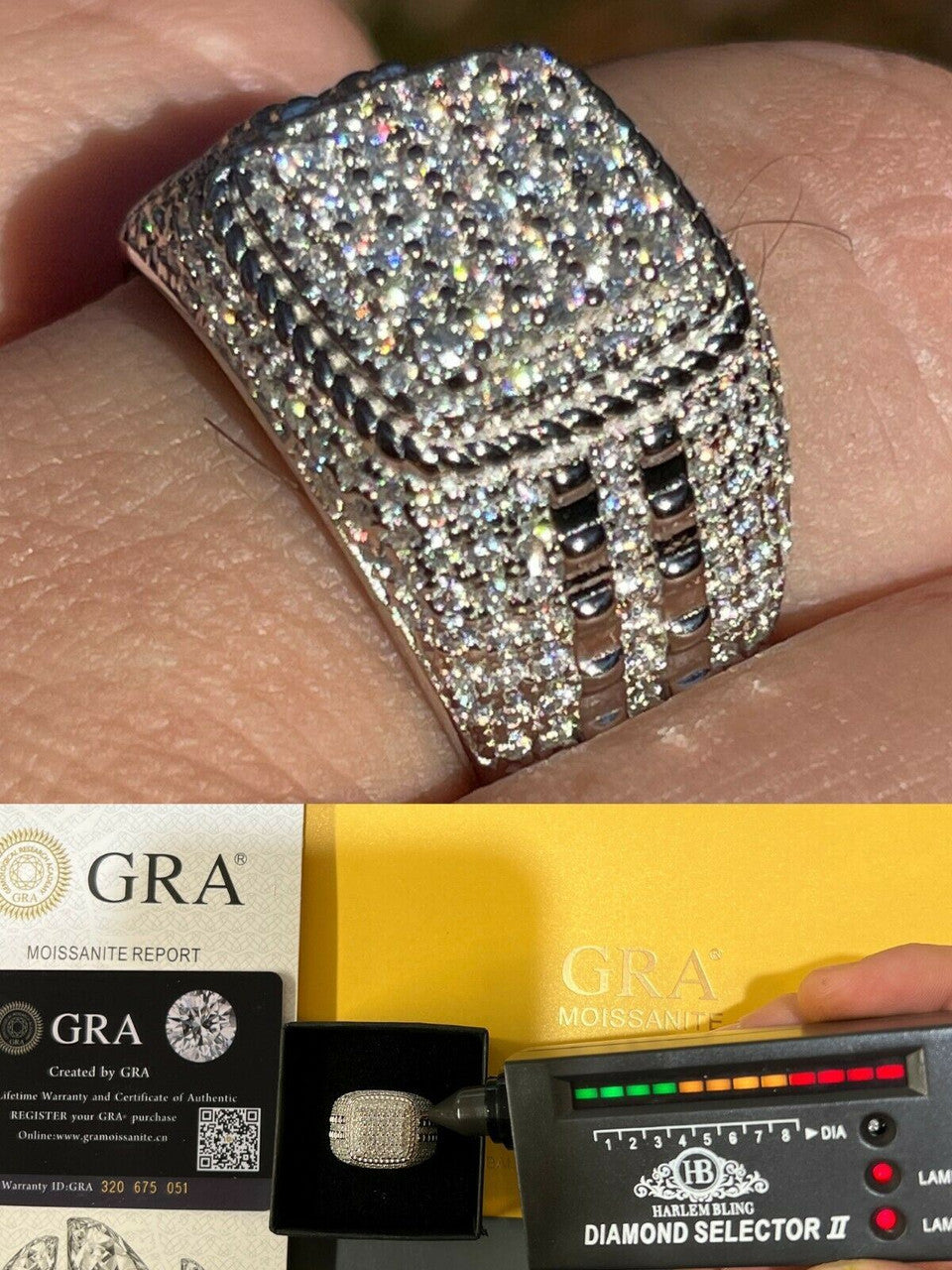 HarlemBling Real Mens Hip Hop Iced 2ct MOISSANITE Ring 925 Silver - Pass Diamond Test W GRA