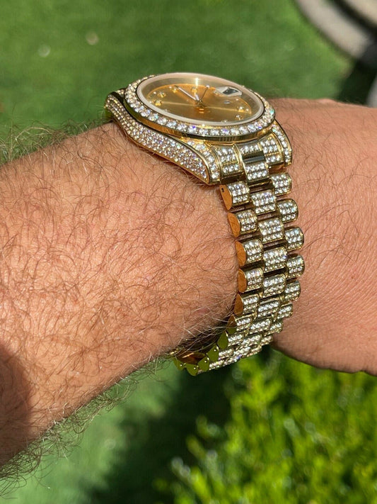 HarlemBling Real Mens Presidential 14k Gold Over Stainless S Watch Iced 12ct Out Diamond