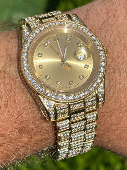 HarlemBling Real Mens Presidential 14k Gold Over Stainless S Watch Iced 12ct Out Diamond