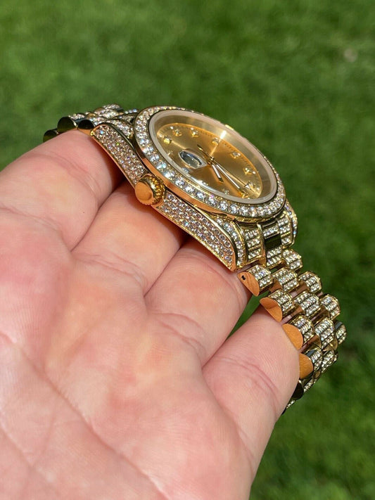 HarlemBling Real Mens Presidential 14k Gold Over Stainless S Watch Iced 12ct Out Diamond