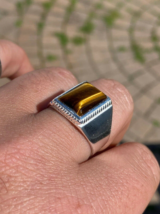 HarlemBling Real Mens Solid 925 Sterling Silver Tigers Eye Signet Ring Sz 7 8 9 10 11 12 13