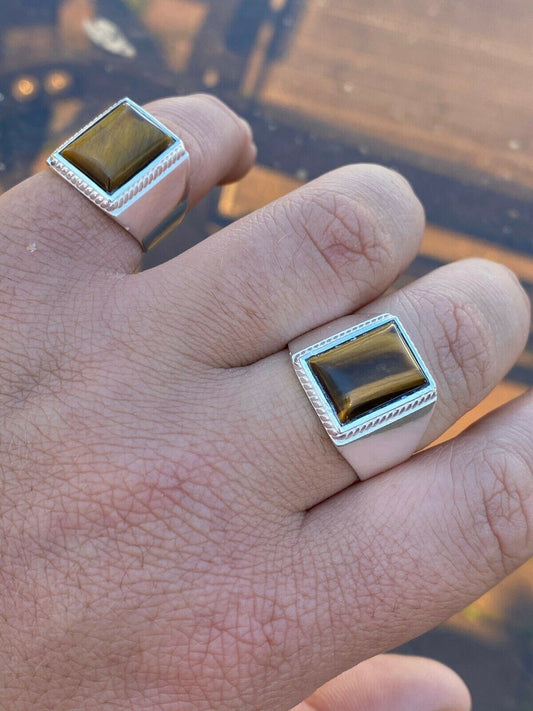 HarlemBling Real Mens Solid 925 Sterling Silver Tigers Eye Signet Ring Sz 7 8 9 10 11 12 13
