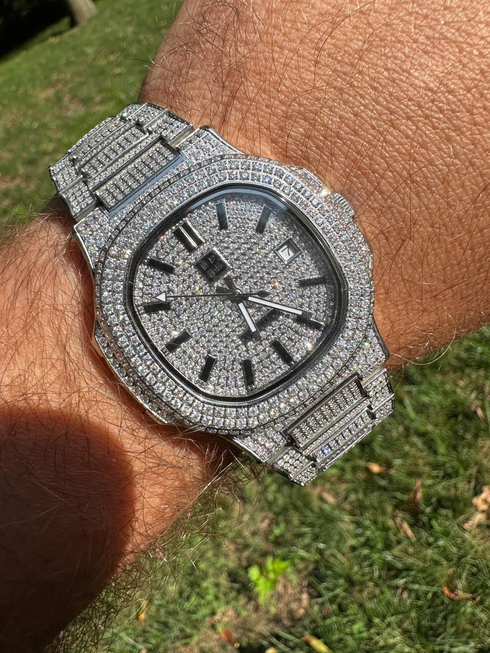 HarlemBling Real Mens Watch Fully Iced Blinged Stainless Steel Bust Down Out 41mm Hip Hop