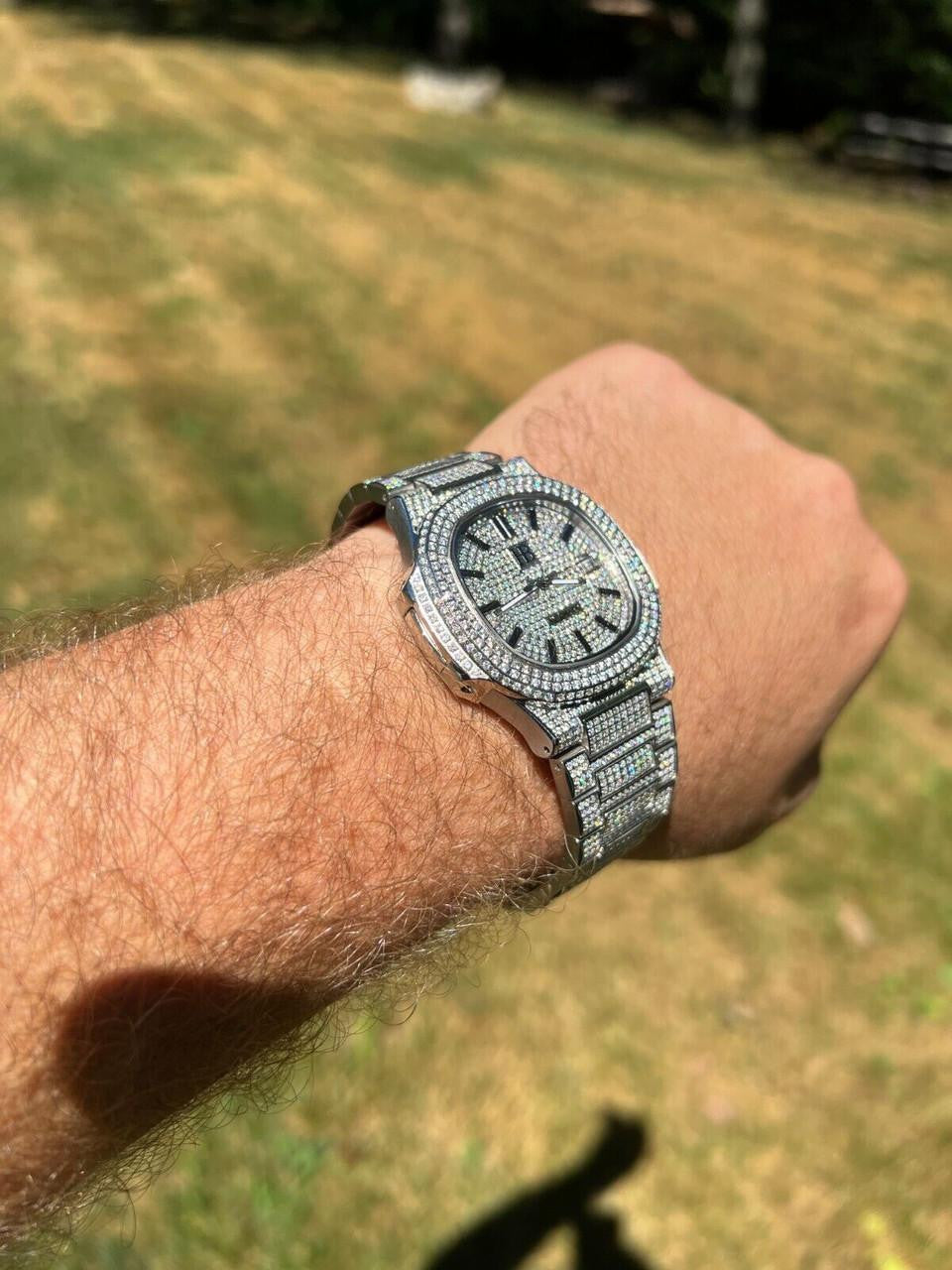 HarlemBling Real Mens Watch Fully Iced Blinged Stainless Steel Bust Down Out 41mm Hip Hop