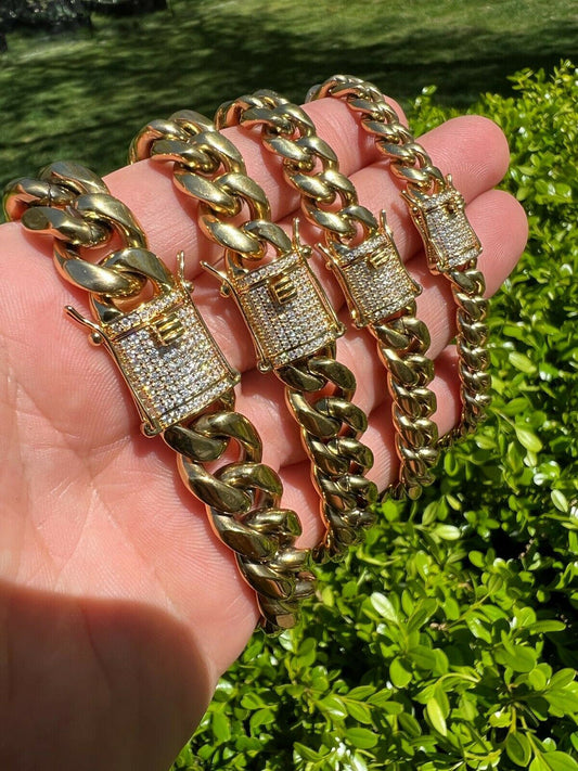 HarlemBling Real Miami Cuban Link Chain Necklace Bracelet 14k Gold Vermeil MOISSANITE Clasp