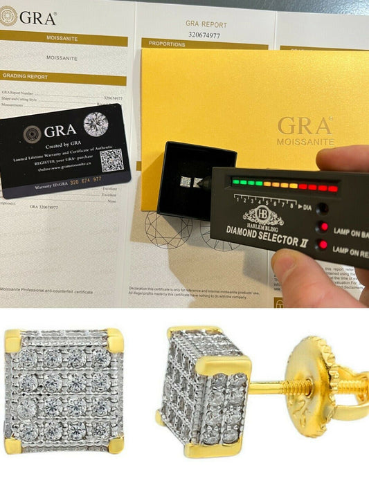 HarlemBling Real Moissanite 14k Gold Vermeil Iced Hip Hop Earrings Stud Pass Diamond Tester