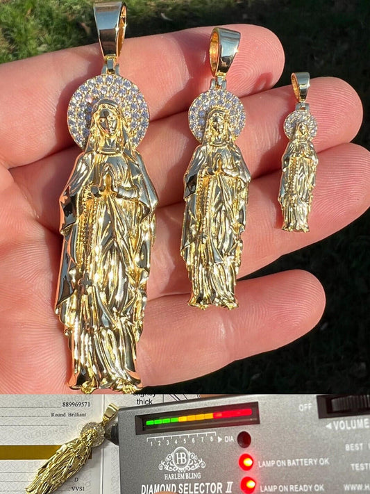 HarlemBling Real MOISSANITE 925 Silver 14k Gold Plated Virgin Mary Pendant Iced Necklace