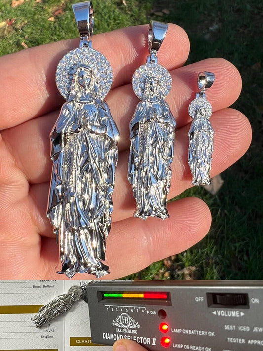 HarlemBling Real MOISSANITE 925 Silver Virgin Mary Guadalupe Pendant Iced Necklace - 3 Sizes