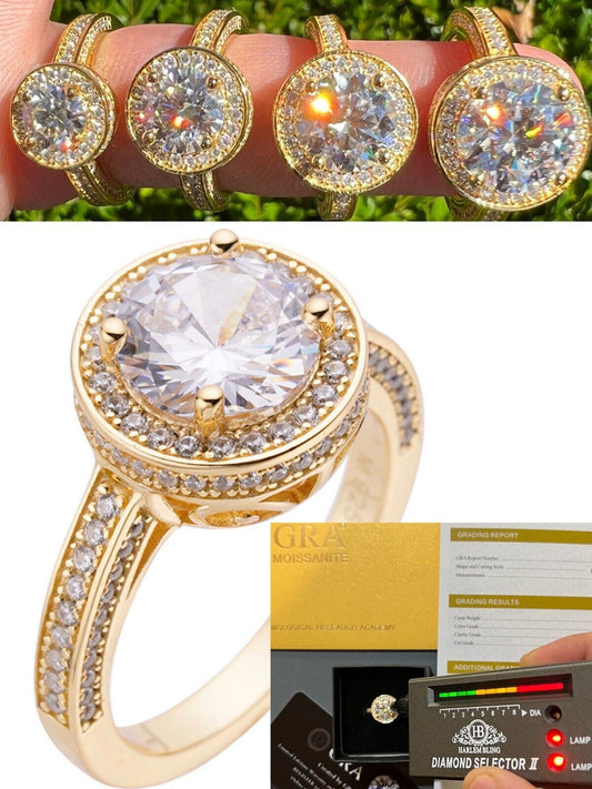 HarlemBling Real MOISSANITE Halo Engagement Promise Ring 14k Gold Plated 925 Silver All Size