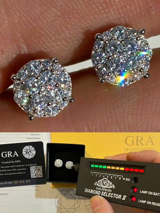 HarlemBling Real MOISSANITE Iced Hip Hop Mens Earrings Cluster Round Studs Pass Diamond Test