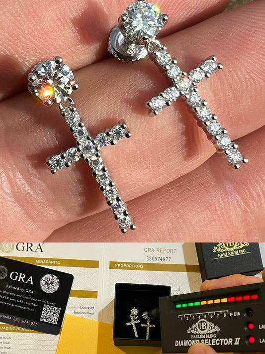 HarlemBling Real MOISSANITE Mens Ladies Dangle Cross Studs Earrings Iced Pass Diamond Tester