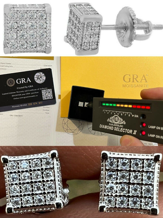 HarlemBling Real Moissanite Silver Small Cube Iced Hip Hop Earrings Stud Pass Diamond Tester