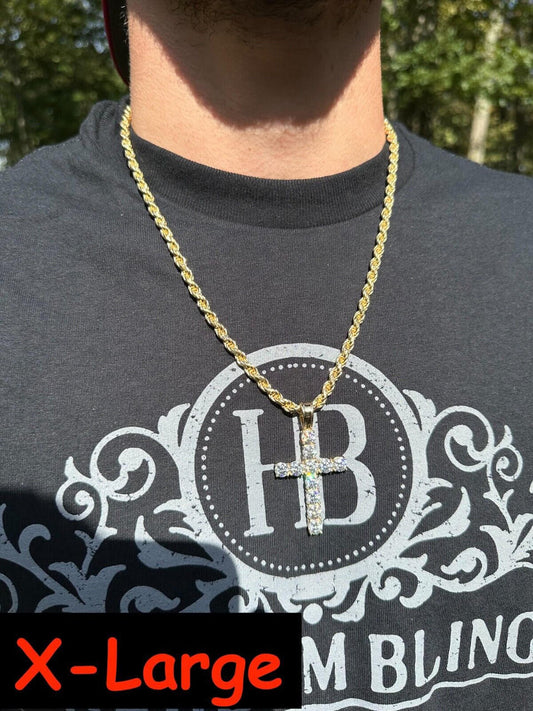 HarlemBling Real MOISSANITE Solid 10k Yellow Gold Iced Tennis Cross Pendant Necklace 5 Sizes