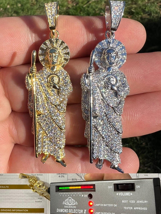 HarlemBling Real MOISSANITE Solid 925 Silver St Jude San Judas Tadeo Iced Pendant Necklace