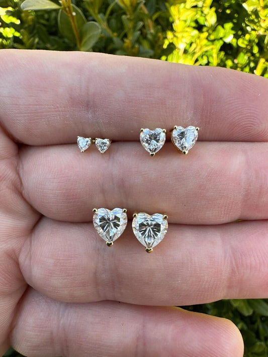 HarlemBling Real Moissanite Solitaire Stud Earrings Heart Shape Cut 14k Gold Over 925 Silver