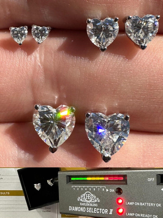 HarlemBling Real Moissanite Solitaire Stud Earrings Heart Shaped Fancy Cut 925 Silver 3-7mm