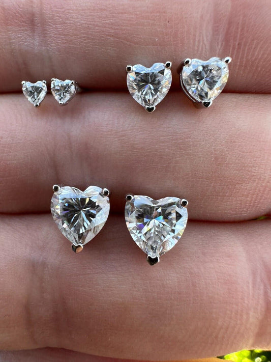 HarlemBling Real Moissanite Solitaire Stud Earrings Heart Shaped Fancy Cut 925 Silver 3-7mm