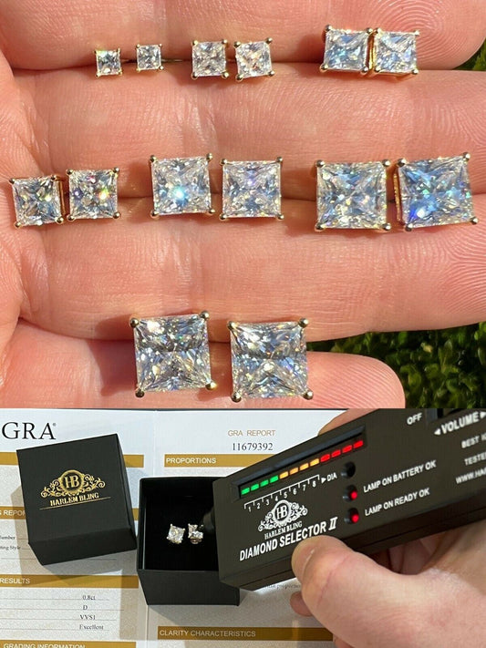 HarlemBling Real MOISSANITE Square Princess Stud Earrings 14k Gold Vermeil Pass Diamond Test