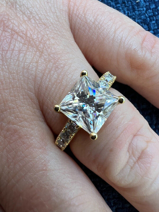 HarlemBling Real Princess Cut MOISSANITE Engagement Promise Ring 14k Gold Plated 925 Silver