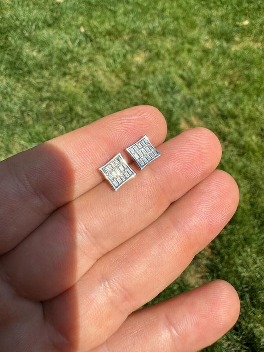 HarlemBling Real Solid 10k White Gold Iced Kite Baguette Moissanite Earrings Men Ladies 8mm