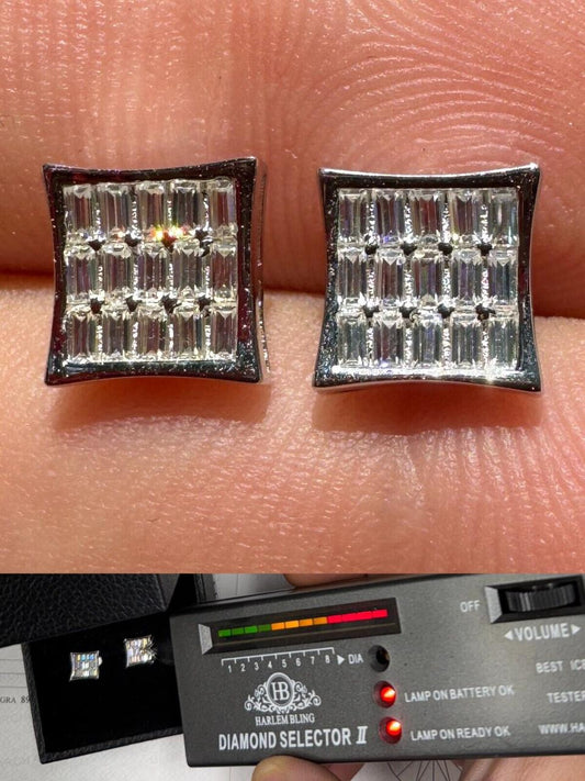 HarlemBling Real Solid 10k White Gold Iced Kite Baguette Moissanite Earrings Men Ladies 8mm