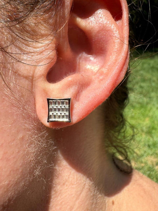 HarlemBling Real Solid 10k White Gold Iced Kite Baguette Moissanite Earrings Men Ladies 8mm