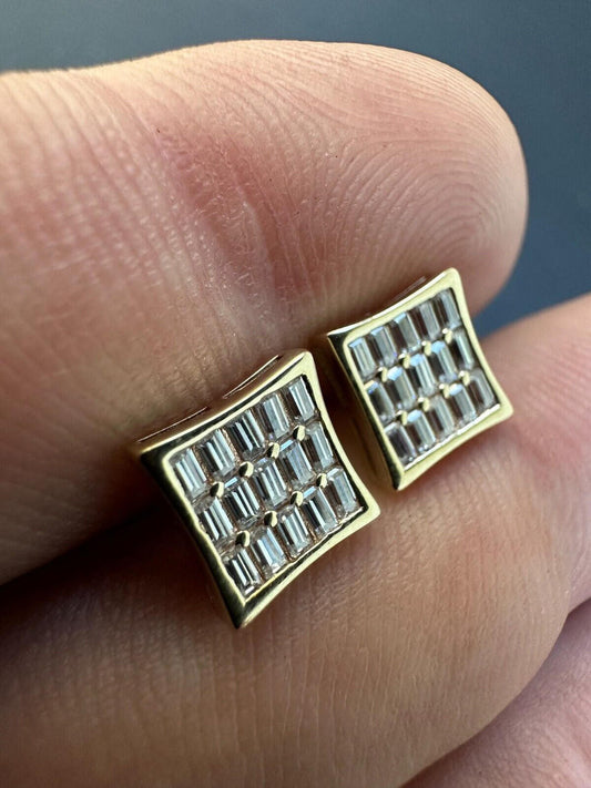 HarlemBling Real Solid 10k Yellow Gold Iced Kite Baguette Moissanite Earrings Men Ladies 8mm