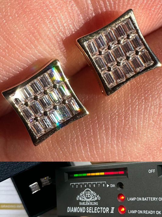 HarlemBling Real Solid 10k Yellow Gold Iced Kite Baguette Moissanite Earrings Men Ladies 8mm