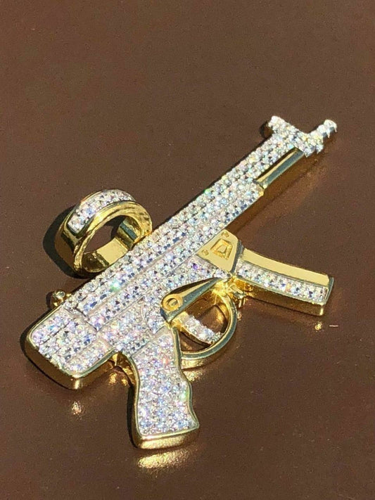 HarlemBling Real Solid 925 Silver AK-47 Machine Gun Diamond Piece Super Icy Pendant W Chain